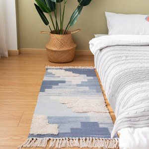 24"x51" Ivory Blue Geometric Woven Tassel Small Area Rug Carpet